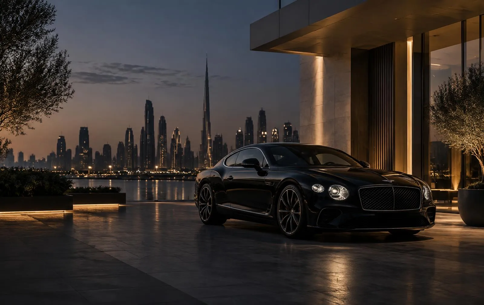 Luxury car overlooking the Dubai skyline